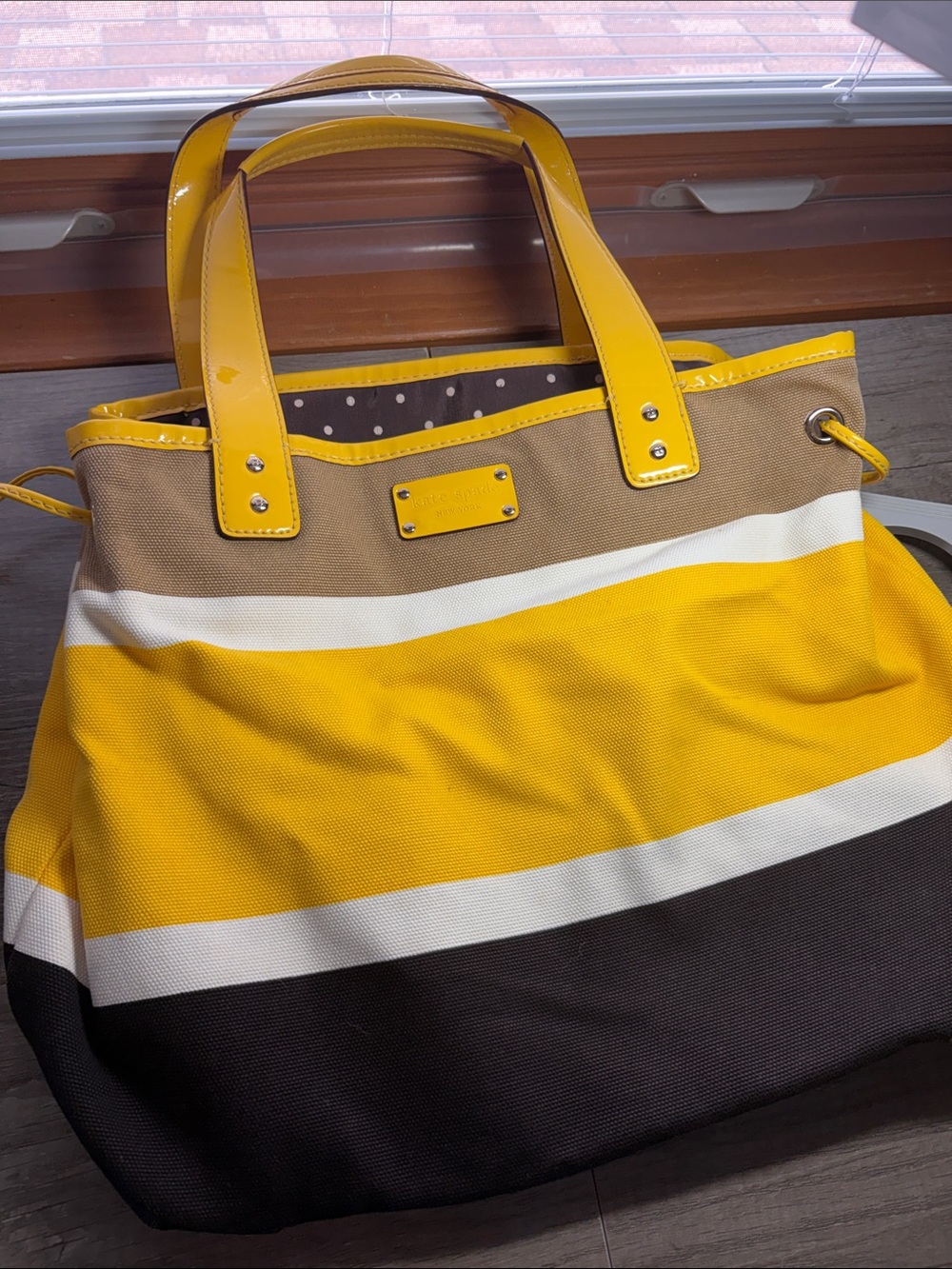 Striped Yellow, white and brown Canvas Bag with Patent Trim